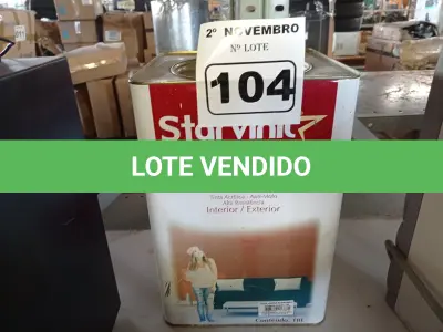 LOTE 104 - 01 LATA DE TINTA STAR VINIL 18L FOSCA ECONÔMICA LONDRES. (NO ESTADO) ATENÇÃO! FAZER A VISITAÇÃO ANTES DE ARREMATAR, NÃO SABEMOS SE FUNCIONA. LEILÃO NÃO TEM GARANTIA E NEM DEVOLUÇÃO, SUJEITO A POSSÍVEIS AVARIAS VISÍVEIS/OCULTAS E/OU AUSÊNCIA DE COMPONENTES.