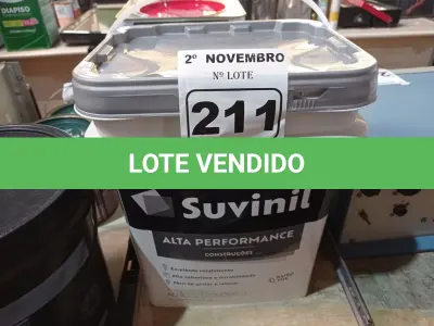 LOTE 211 - 01 BALDE DE TINTA SUVINIL FOSCO BRANCO 18L. (NO ESTADO) ATENÇÃO! FAZER A VISITAÇÃO ANTES DE ARREMATAR, NÃO SABEMOS SE FUNCIONA. LEILÃO NÃO TEM GARANTIA E NEM DEVOLUÇÃO, SUJEITO A POSSÍVEIS AVARIAS VISÍVEIS/OCULTAS E/OU AUSÊNCIA DE COMPONENTES.