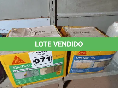 LOTE 071 - 02 CAIXAS DE ARGAMASSA POLIMÉRICA SIKA TOP 107 CINZA/SIKA TOP 100 18KG. (NO ESTADO) ATENÇÃO! FAZER A VISITAÇÃO ANTES DE ARREMATAR, NÃO SABEMOS SE FUNCIONA. LEILÃO NÃO TEM GARANTIA E NEM DEVOLUÇÃO, SUJEITO A POSSÍVEIS AVARIAS VISÍVEIS/OCULTAS E/OU AUSÊNCIA DE COMPONENTES.