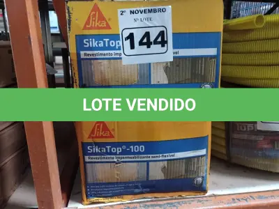 LOTE 144 - 02 CAIXAS DE REVESTIMENTO IMPERMEABILIZANTE SEMI-FLEXIVEL SIKA TOP-100 18KG. (NO ESTADO) ATENÇÃO! FAZER A VISITAÇÃO ANTES DE ARREMATAR, NÃO SABEMOS SE FUNCIONA. LEILÃO NÃO TEM GARANTIA E NEM DEVOLUÇÃO, SUJEITO A POSSÍVEIS AVARIAS VISÍVEIS/OCULTAS E/OU AUSÊNCIA DE COMPONENTES.