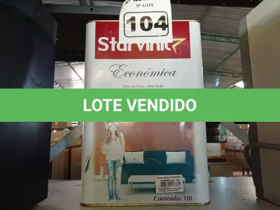 LOTE 104 - 01 LATA DE TINTA STAR VINIL 18L FOSCA ECONÔMICA LONDRES. (NO ESTADO) ATENÇÃO! FAZER A VISITAÇÃO ANTES DE ARREMATAR, NÃO SABEMOS SE FUNCIONA. LEILÃO NÃO TEM GARANTIA E NEM DEVOLUÇÃO, SUJEITO A POSSÍVEIS AVARIAS VISÍVEIS/OCULTAS E/OU AUSÊNCIA DE COMPONENTES.