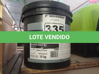 LOTE 335 - 01 BALDE DE GRAXA EVORA POLY EX 10KG COM AVARIA NA TAMPA. (NO ESTADO) ATENÇÃO! FAZER A VISITAÇÃO ANTES DE ARREMATAR, NÃO SABEMOS SE FUNCIONA. LEILÃO NÃO TEM GARANTIA E NEM DEVOLUÇÃO, SUJEITO A POSSÍVEIS AVARIAS VISÍVEIS/OCULTAS E/OU AUSÊNCIA DE COMPONENTES.