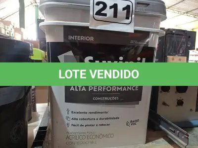 LOTE 211 - 01 BALDE DE TINTA SUVINIL FOSCO BRANCO 18L. (NO ESTADO) ATENÇÃO! FAZER A VISITAÇÃO ANTES DE ARREMATAR, NÃO SABEMOS SE FUNCIONA. LEILÃO NÃO TEM GARANTIA E NEM DEVOLUÇÃO, SUJEITO A POSSÍVEIS AVARIAS VISÍVEIS/OCULTAS E/OU AUSÊNCIA DE COMPONENTES.