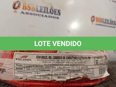LOTE 130 - 01 ROLO DE CABO FLEXÍVEL 100M 1X4MM NA COR VERMELHA(NOVO). (NO ESTADO) ATENÇÃO! FAZER A VISITAÇÃO ANTES DE ARREMATAR, NÃO SABEMOS SE FUNCIONA. LEILÃO NÃO TEM GARANTIA E NEM DEVOLUÇÃO, SUJEITO A POSSÍVEIS AVARIAS VISÍVEIS/OCULTAS E/OU AUSÊNCIA DE COMPONENTES.