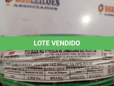LOTE 160 - 01 ROLO DE CABO FLEXÍVEL 100M 1X2,5MM NA COR VERDE(NOVO). (NO ESTADO) ATENÇÃO! FAZER A VISITAÇÃO ANTES DE ARREMATAR, NÃO SABEMOS SE FUNCIONA. LEILÃO NÃO TEM GARANTIA E NEM DEVOLUÇÃO, SUJEITO A POSSÍVEIS AVARIAS VISÍVEIS/OCULTAS E/OU AUSÊNCIA DE COMPONENTES.