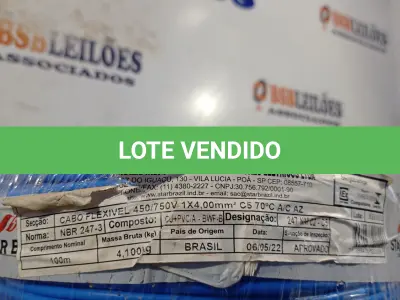 LOTE 310 - 01 ROLO DE CABO FLEXÍVEL 100M 1X4MM NA COR PRETA(NOVO). (NO ESTADO) ATENÇÃO! FAZER A VISITAÇÃO ANTES DE ARREMATAR, NÃO SABEMOS SE FUNCIONA. LEILÃO NÃO TEM GARANTIA E NEM DEVOLUÇÃO, SUJEITO A POSSÍVEIS AVARIAS VISÍVEIS/OCULTAS E/OU AUSÊNCIA DE COMPONENTES.