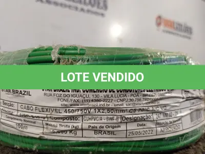 LOTE 320 - 01 ROLO DE CABO FLEXÍVEL 100M 1X2,5MM NA COR VERDE(NOVO). (NO ESTADO) ATENÇÃO! FAZER A VISITAÇÃO ANTES DE ARREMATAR, NÃO SABEMOS SE FUNCIONA. LEILÃO NÃO TEM GARANTIA E NEM DEVOLUÇÃO, SUJEITO A POSSÍVEIS AVARIAS VISÍVEIS/OCULTAS E/OU AUSÊNCIA DE COMPONENTES.