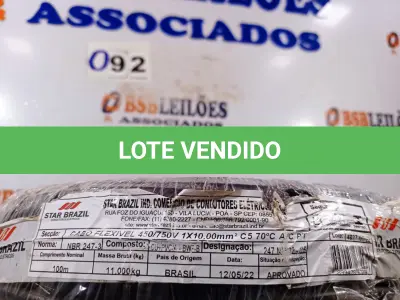 LOTE 092 - 01 ROLO DE CABO FLEXÍVEL 100M 1X10MM COR PRETA STAR BRAZIL COM SELO INMETRO. (NOVO). (NO ESTADO, NÃO SABEMOS SE FUNCIONA. LEILÃO NÃO TEM GARANTIA E NEM DEVOLUÇÃO).