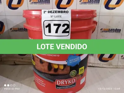 LOTE 172 - 01 BALDE DE DRYKOVEDA, ADITIVO IMPERMEABILIZANTE PARA ARGAMASSA E CONCRETO 18L. (NO ESTADO) ATENÇÃO! FAZER A VISITAÇÃO ANTES DE ARREMATAR, NÃO SABEMOS SE FUNCIONA. LEILÃO NÃO TEM GARANTIA E NEM DEVOLUÇÃO, SUJEITO A POSSÍVEIS AVARIAS VISÍVEIS/OCULTAS E/OU AUSÊNCIA DE COMPONENTES.