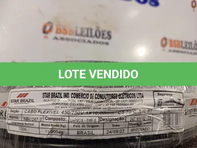 LOTE 140 - 01 ROLO DE CABO FLEXÍVEL 100M 1X10MM NA COR PRETA (NOVO). (NO ESTADO) ATENÇÃO! FAZER A VISITAÇÃO ANTES DE ARREMATAR, NÃO SABEMOS SE FUNCIONA. LEILÃO NÃO TEM GARANTIA E NEM DEVOLUÇÃO, SUJEITO A POSSÍVEIS AVARIAS VISÍVEIS/OCULTAS E/OU AUSÊNCIA DE COMPONENTES.