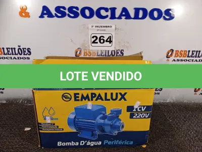 LOTE 264 - 01 BOMBA D’AGUA PERIFÉRICA 220V 1VC.  (NO ESTADO) ATENÇÃO! FAZER A VISITAÇÃO ANTES DE ARREMATAR, NÃO SABEMOS SE FUNCIONA. LEILÃO NÃO TEM GARANTIA E NEM DEVOLUÇÃO, SUJEITO A POSSÍVEIS AVARIAS VISÍVEIS/OCULTAS E/OU AUSÊNCIA DE COMPONENTES.