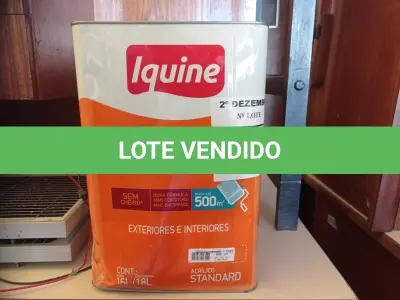 LOTE 498 - 01 LATA DE TINTA IQUINE DELANIL RENDE MUITO 18L FOSCO BASE “P”. (NO ESTADO) ATENÇÃO! FAZER A VISITAÇÃO ANTES DE ARREMATAR, NÃO SABEMOS SE FUNCIONA. LEILÃO NÃO TEM GARANTIA E NEM DEVOLUÇÃO, SUJEITO A POSSÍVEIS AVARIAS VISÍVEIS/OCULTAS E/OU AUSÊNCIA DE COMPONENTES.