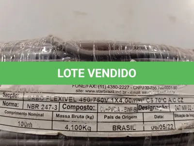 LOTE 098 - 01 ROLO DE CABO FLEXÍVEL 100M 1X2,5MM COR PRETA STAR BRAZIL COM SELO INMETRO. (NOVO). (NO ESTADO, NÃO SABEMOS SE FUNCIONA. LEILÃO NÃO TEM GARANTIA E NEM DEVOLUÇÃO)