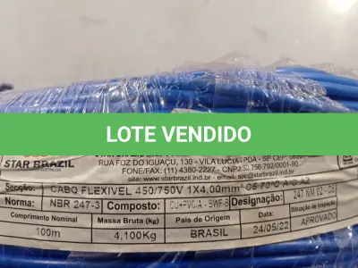LOTE 100 - 01 ROLO DE CABO FLEXÍVEL 100M 1X2,5MM COR AZUL STAR BRAZIL COM SELO INMETRO. (NOVO). (NO ESTADO, NÃO SABEMOS SE FUNCIONA. LEILÃO NÃO TEM GARANTIA E NEM DEVOLUÇÃO)