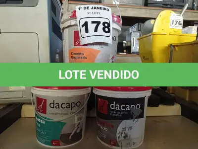LOTE 178 - 01 BALDE DE CIMENTO QUEIMADO 4KG, 01 BALDE DE GRANILITE RUSTICO 5KG E 01 BALDE DE MASSA FINA PARA CORREÇÃO 4K. (NO ESTADO) ATENÇÃO! FAZER A VISITAÇÃO ANTES DE ARREMATAR, NÃO SABEMOS SE FUNCIONA. LEILÃO NÃO TEM GARANTIA E NEM DEVOLUÇÃO, SUJEITO A POSSÍVEIS AVARIAS VISÍVEIS/OCULTAS E/OU AUSÊNCIA DE COMPONENTES.