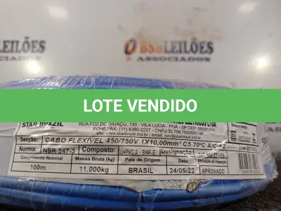 LOTE 375 - 01 ROLO DE CABO FLEXÍVEL 100M 1X10MM NA COR AZUL. (NOVO). (NO ESTADO) ATENÇÃO! FAZER A VISITAÇÃO ANTES DE ARREMATAR, NÃO SABEMOS SE FUNCIONA. LEILÃO NÃO TEM GARANTIA E NEM DEVOLUÇÃO, SUJEITO A POSSÍVEIS AVARIAS VISÍVEIS/OCULTAS E/OU AUSÊNCIA DE COMPONENTES.