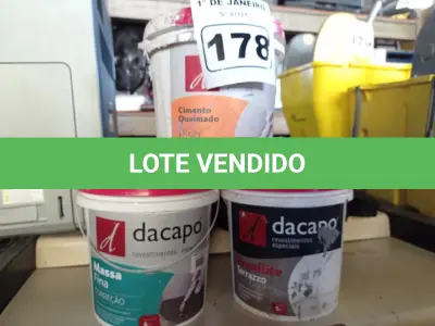 LOTE 178 - 01 BALDE DE CIMENTO QUEIMADO 4KG, 01 BALDE DE GRANILITE RUSTICO 5KG E 01 BALDE DE MASSA FINA PARA CORREÇÃO 4K. (NO ESTADO) ATENÇÃO! FAZER A VISITAÇÃO ANTES DE ARREMATAR, NÃO SABEMOS SE FUNCIONA. LEILÃO NÃO TEM GARANTIA E NEM DEVOLUÇÃO, SUJEITO A POSSÍVEIS AVARIAS VISÍVEIS/OCULTAS E/OU AUSÊNCIA DE COMPONENTES.