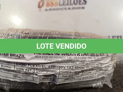 LOTE 295 - 01 ROLO DE CABO FLEXÍVEL 100M 1X2,5MM NA COR CINZA. (NOVO). (NO ESTADO) ATENÇÃO! FAZER A VISITAÇÃO ANTES DE ARREMATAR, NÃO SABEMOS SE FUNCIONA. LEILÃO NÃO TEM GARANTIA E NEM DEVOLUÇÃO, SUJEITO A POSSÍVEIS AVARIAS VISÍVEIS/OCULTAS E/OU AUSÊNCIA DE COMPONENTES.