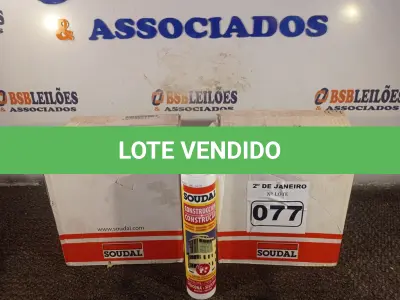 LOTE 077 - 02 CAIXAS DE SILICONE NEUTRO CONSTRUÇÃO COM 12 UNIDADES CADA MARCA SOUDAL. (NO ESTADO) ATENÇÃO! FAZER A VISITAÇÃO ANTES DE ARREMATAR, NÃO SABEMOS SE FUNCIONA. LEILÃO NÃO TEM GARANTIA E NEM DEVOLUÇÃO, SUJEITO A POSSÍVEIS AVARIAS VISÍVEIS/OCULTAS E/OU AUSÊNCIA DE COMPONENTES.