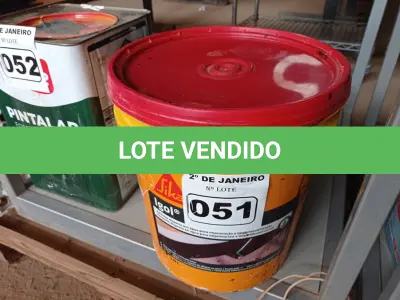 LOTE 051 - 01 LATA DE SIKAECOASFALTO EMULSÃO DISPERSA EM ÁGUA P/ IMPRIMAÇÃO/IPERMEABILIZAÇÃO DE 18L. (NO ESTADO) ATENÇÃO! FAZER A VISITAÇÃO ANTES DE ARREMATAR, NÃO SABEMOS SE FUNCIONA. LEILÃO NÃO TEM GARANTIA E NEM DEVOLUÇÃO, SUJEITO A POSSÍVEIS AVARIAS VISÍVEIS/OCULTAS E/OU AUSÊNCIA DE COMPONENTES.