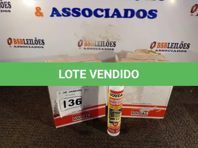 LOTE 136 - 02 CAIXAS DE SILICONE NEUTRO CONSTRUÇÃO COM 12 UNIDADES CADA MARCA SOUDAL. (NO ESTADO) ATENÇÃO! FAZER A VISITAÇÃO ANTES DE ARREMATAR, NÃO SABEMOS SE FUNCIONA. LEILÃO NÃO TEM GARANTIA E NEM DEVOLUÇÃO, SUJEITO A POSSÍVEIS AVARIAS VISÍVEIS/OCULTAS E/OU AUSÊNCIA DE COMPONENTES.