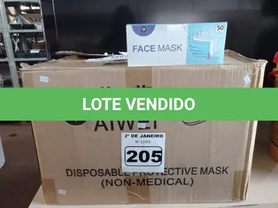 LOTE 205 - 01 CAIXA COM APROXIMADAMENTE 2.000 MASCARAS DESCARTÁVEIS VARIADAS . (NO ESTADO) ATENÇÃO! FAZER A VISITAÇÃO ANTES DE ARREMATAR, NÃO SABEMOS SE FUNCIONA. LEILÃO NÃO TEM GARANTIA E NEM DEVOLUÇÃO, SUJEITO A POSSÍVEIS AVARIAS VISÍVEIS/OCULTAS E/OU AUSÊNCIA DE COMPONENTES.