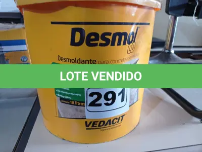 LOTE 291 - 01 GALÃO DE DESMOLDANTE DESMOL CD PARA CONCRETO A SER REVESTIDO DE 18L MARCA VEDACIT. (NO ESTADO) ATENÇÃO! FAZER A VISITAÇÃO ANTES DE ARREMATAR, NÃO SABEMOS SE FUNCIONA. LEILÃO NÃO TEM GARANTIA E NEM DEVOLUÇÃO, SUJEITO A POSSÍVEIS AVARIAS VISÍVEIS/OCULTAS E/OU AUSÊNCIA DE COMPONENTES.