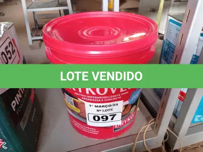 LOTE 097 - 01 BALDE DE DRYKOVEDA, ADITIVO IMPERMEABILIZANTE PARA ARGAMASSA E CONCRETO 18L. (NO ESTADO) ATENÇÃO! FAZER A VISITAÇÃO ANTES DE ARREMATAR, NÃO SABEMOS SE FUNCIONA. LEILÃO NÃO TEM GARANTIA E NEM DEVOLUÇÃO, SUJEITO A POSSÍVEIS AVARIAS VISÍVEIS/OCULTAS E/OU AUSÊNCIA DE COMPONENTES.