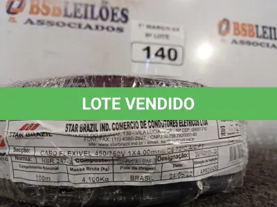 LOTE 140 - 01 ROLO DE CABO FLEXÍVEL 100M 1X4MM NA COR PRETA (NOVO). (NO ESTADO) ATENÇÃO! FAZER A VISITAÇÃO ANTES DE ARREMATAR, NÃO SABEMOS SE FUNCIONA. LEILÃO NÃO TEM GARANTIA E NEM DEVOLUÇÃO, SUJEITO A POSSÍVEIS AVARIAS VISÍVEIS/OCULTAS E/OU AUSÊNCIA DE COMPONENTES.