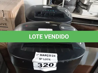 LOTE 320 - 02 FRAGMENTADORAS DE PAPEL. (NO ESTADO) ATENÇÃO! FAZER A VISITAÇÃO ANTES DE ARREMATAR, NÃO SABEMOS SE FUNCIONA. LEILÃO NÃO TEM GARANTIA E NEM DEVOLUÇÃO, SUJEITO A POSSÍVEIS AVARIAS VISÍVEIS/OCULTAS E/OU AUSÊNCIA DE COMPONENTES.