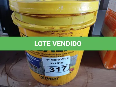 LOTE 317 - 01 BALDE DE VEDALIT, ADITIVO PLASTIFICANTE CONCENTRADO PARA ARGAMASSA DE ASSENTAMENTO E REBOCO CONVENCIONAL 18L.  (NO ESTADO) ATENÇÃO! FAZER A VISITAÇÃO ANTES DE ARREMATAR, NÃO SABEMOS SE FUNCIONA. LEILÃO NÃO TEM GARANTIA E NEM DEVOLUÇÃO, SUJEITO A POSSÍVEIS AVARIAS VISÍVEIS/OCULTAS E/OU AUSÊNCIA DE COMPONENTES.