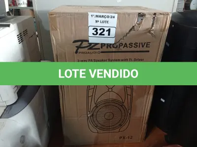LOTE 321 - 01 CAIXA DE SOM PZ PROPASSIVE PX-12. (NO ESTADO) ATENÇÃO! FAZER A VISITAÇÃO ANTES DE ARREMATAR, NÃO SABEMOS SE FUNCIONA. LEILÃO NÃO TEM GARANTIA E NEM DEVOLUÇÃO, SUJEITO A POSSÍVEIS AVARIAS VISÍVEIS/OCULTAS E/OU AUSÊNCIA DE COMPONENTES.