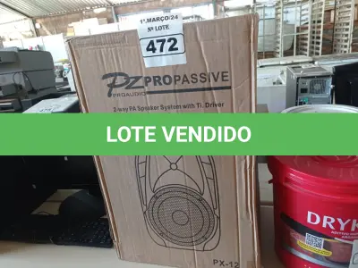 LOTE 472 - 01 CAIXA DE SOM PZ PROPASSIVE PX-12. (NO ESTADO) ATENÇÃO! FAZER A VISITAÇÃO ANTES DE ARREMATAR, NÃO SABEMOS SE FUNCIONA. LEILÃO NÃO TEM GARANTIA E NEM DEVOLUÇÃO, SUJEITO A POSSÍVEIS AVARIAS VISÍVEIS/OCULTAS E/OU AUSÊNCIA DE COMPONENTES.