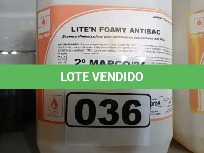LOTE 036 - 20 LITROS DE ESPUMA HIGIENIZADORA PARA ANTISSEPSIA INSTANTÂNEA DAS MÃOS.  (NO ESTADO) ATENÇÃO! FAZER A VISITAÇÃO ANTES DE ARREMATAR, NÃO SABEMOS SE FUNCIONA. LEILÃO NÃO TEM GARANTIA E NEM DEVOLUÇÃO, SUJEITO A POSSÍVEIS AVARIAS VISÍVEIS/OCULTAS E/OU AUSÊNCIA DE COMPONENTES.