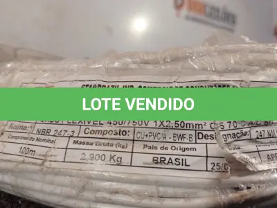 LOTE 140 - 01 ROLO DE CABO FLEXÍVEL 100M 1X2,5MM NA COR BRANCA(NOVO). (NO ESTADO) ATENÇÃO! FAZER A VISITAÇÃO ANTES DE ARREMATAR, NÃO SABEMOS SE FUNCIONA. LEILÃO NÃO TEM GARANTIA E NEM DEVOLUÇÃO, SUJEITO A POSSÍVEIS AVARIAS VISÍVEIS/OCULTAS E/OU AUSÊNCIA DE COMPONENTES.