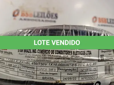 LOTE 010 - 01 ROLO DE CABO FLEXÍVEL 100M 1X10MM NA COR PRETA(NOVO). (NO ESTADO) ATENÇÃO! FAZER A VISITAÇÃO ANTES DE ARREMATAR, NÃO SABEMOS SE FUNCIONA. LEILÃO NÃO TEM GARANTIA E NEM DEVOLUÇÃO, SUJEITO A POSSÍVEIS AVARIAS VISÍVEIS/OCULTAS E/OU AUSÊNCIA DE COMPONENTES.
