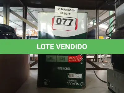 LOTE 077 - 01 LATA DE TINTA IQUINE PINTALAR FOSCO AVELUDADO 18L NA COR PÊSSEGO. (NO ESTADO) ATENÇÃO! FAZER A VISITAÇÃO ANTES DE ARREMATAR, NÃO SABEMOS SE FUNCIONA. LEILÃO NÃO TEM GARANTIA E NEM DEVOLUÇÃO, SUJEITO A POSSÍVEIS AVARIAS VISÍVEIS/OCULTAS E/OU AUSÊNCIA DE COMPONENTES.