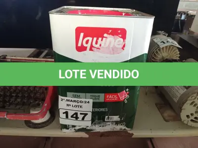 LOTE 147 - 01 LATA DE TINTA IQUINE PINTALAR FOSCO AVELUDADO 18L NA COR PALHA. (NO ESTADO) ATENÇÃO! FAZER A VISITAÇÃO ANTES DE ARREMATAR, NÃO SABEMOS SE FUNCIONA. LEILÃO NÃO TEM GARANTIA E NEM DEVOLUÇÃO, SUJEITO A POSSÍVEIS AVARIAS VISÍVEIS/OCULTAS E/OU AUSÊNCIA DE COMPONENTES.