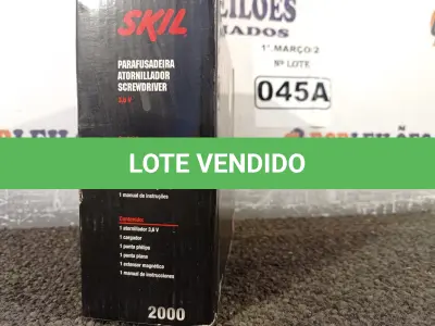 LOTE 045 - 01 PARAFUSADEIRA SKIL 3.6V BRCH 220V. (NOVO) (NO ESTADO) ATENÇÃO! FAZER A VISITAÇÃO ANTES DE ARREMATAR, NÃO SABEMOS SE FUNCIONA. LEILÃO NÃO TEM GARANTIA E NEM DEVOLUÇÃO, SUJEITO A POSSÍVEIS AVARIAS VISÍVEIS/OCULTAS E/OU AUSÊNCIA DE COMPONENTES.