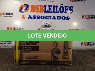 LOTE 005 - 01 TALHA MANUAL DE CORRENTE 2 TONELADAS DE CAPACIDADE 5 METROS DE ELEVAÇÃO CSM. (NOVO) (NO ESTADO) ATENÇÃO! FAZER A VISITAÇÃO ANTES DE ARREMATAR, NÃO SABEMOS SE FUNCIONA. LEILÃO NÃO TEM GARANTIA E NEM DEVOLUÇÃO, SUJEITO A POSSÍVEIS AVARIAS VISÍVEIS/OCULTAS E/OU AUSÊNCIA DE COMPONENTES
