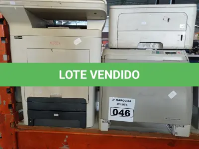LOTE 046 - 04 IMPRESSORAS MARCAS E MODELOS DIVERSOS. (NO ESTADO) ATENÇÃO! FAZER A VISITAÇÃO ANTES DE ARREMATAR, NÃO SABEMOS SE FUNCIONA. LEILÃO NÃO TEM GARANTIA E NEM DEVOLUÇÃO, SUJEITO A POSSÍVEIS AVARIAS VISÍVEIS/OCULTAS E/OU AUSÊNCIA DE COMPONENTES.