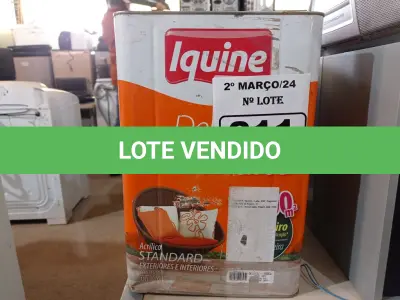 LOTE 211 - 01 LATA DE TINTA IQUINE DELANIL RENDE MUITO 18L FOSCO BASE “C”. (NO ESTADO) ATENÇÃO! FAZER A VISITAÇÃO ANTES DE ARREMATAR, NÃO SABEMOS SE FUNCIONA. LEILÃO NÃO TEM GARANTIA E NEM DEVOLUÇÃO, SUJEITO A POSSÍVEIS AVARIAS VISÍVEIS/OCULTAS E/OU AUSÊNCIA DE COMPONENTES.