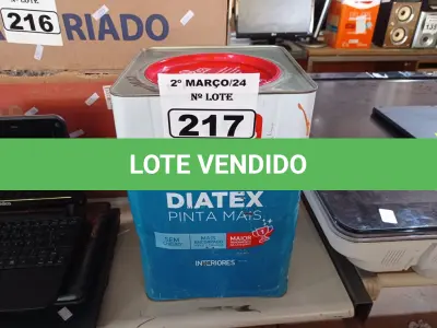 LOTE 217 - 01 LATA DE TINTA IQUINE DIATEX PINTA MAIS 18L COR CAMARÃO. (NO ESTADO) ATENÇÃO! FAZER A VISITAÇÃO ANTES DE ARREMATAR, NÃO SABEMOS SE FUNCIONA. LEILÃO NÃO TEM GARANTIA E NEM DEVOLUÇÃO, SUJEITO A POSSÍVEIS AVARIAS VISÍVEIS/OCULTAS E/OU AUSÊNCIA DE COMPONENTES.