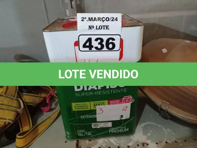 LOTE 436 - 01 LATA DE TINTA IQUINE PINTALAR FOSCO AVELUDADO 18L NA COR PÊSSEGO. (NO ESTADO) ATENÇÃO! FAZER A VISITAÇÃO ANTES DE ARREMATAR, NÃO SABEMOS SE FUNCIONA. LEILÃO NÃO TEM GARANTIA E NEM DEVOLUÇÃO, SUJEITO A POSSÍVEIS AVARIAS VISÍVEIS/OCULTAS E/OU AUSÊNCIA DE COMPONENTES.