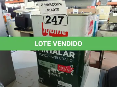 LOTE 247 - 01 LATA DE TINTA IQUINE PINTALAR FOSCO AVELUDADO 18L NA COR VERDE PISCINA. (NO ESTADO) ATENÇÃO! FAZER A VISITAÇÃO ANTES DE ARREMATAR, NÃO SABEMOS SE FUNCIONA. LEILÃO NÃO TEM GARANTIA E NEM DEVOLUÇÃO, SUJEITO A POSSÍVEIS AVARIAS VISÍVEIS/OCULTAS E/OU AUSÊNCIA DE COMPONENTES.