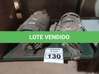 LOTE 130 - 02 MOTORES ELÉTRICOS MARCAS E MODELOS DIVERSOS. (NO ESTADO) ATENÇÃO! FAZER A VISITAÇÃO ANTES DE ARREMATAR, NÃO SABEMOS SE FUNCIONA. LEILÃO NÃO TEM GARANTIA E NEM DEVOLUÇÃO, SUJEITO A POSSÍVEIS AVARIAS VISÍVEIS/OCULTAS E/OU AUSÊNCIA DE COMPONENTES.