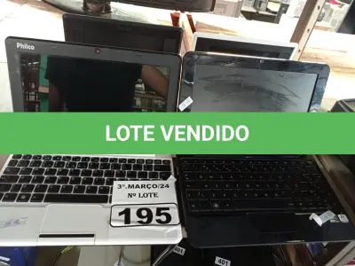 LOTE 195 - 02 NETBOOK’S MARCAS E MODELOS DIVERSOS PARA RETIRADA DE PEÇAS. (NO ESTADO) ATENÇÃO! FAZER A VISITAÇÃO ANTES DE ARREMATAR, NÃO SABEMOS SE FUNCIONA. LEILÃO NÃO TEM GARANTIA E NEM DEVOLUÇÃO, SUJEITO A POSSÍVEIS AVARIAS VISÍVEIS/OCULTAS E/OU AUSÊNCIA DE COMPONENTES.