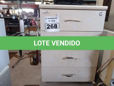 LOTE 268 - 02 GAVETEIROS EM MADEIRA SENDO 01 COM 04 GAVETAS. (NO ESTADO) ATENÇÃO! FAZER A VISITAÇÃO ANTES DE ARREMATAR, NÃO SABEMOS SE FUNCIONA. LEILÃO NÃO TEM GARANTIA E NEM DEVOLUÇÃO, SUJEITO A POSSÍVEIS AVARIAS VISÍVEIS/OCULTAS E/OU AUSÊNCIA DE COMPONENTES.