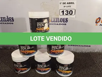 LOTE 130 - 06 LATAS DE MASSA DE POLIR Nº2 400G. (NO ESTADO) ATENÇÃO! FAZER A VISITAÇÃO ANTES DE ARREMATAR, NÃO SABEMOS SE FUNCIONA. LEILÃO NÃO TEM GARANTIA E NEM DEVOLUÇÃO, SUJEITO A POSSÍVEIS AVARIAS VISÍVEIS/OCULTAS E/OU AUSÊNCIA DE COMPONENTES.