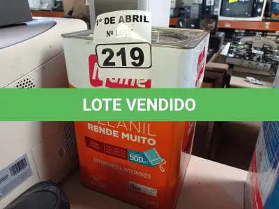 LOTE 219 - 01 LATA DE TINTA IQUINE DELANIL RENDE MUITO 18L FOSCO BASE “M”. (NO ESTADO) ATENÇÃO! FAZER A VISITAÇÃO ANTES DE ARREMATAR, NÃO SABEMOS SE FUNCIONA. LEILÃO NÃO TEM GARANTIA E NEM DEVOLUÇÃO, SUJEITO A POSSÍVEIS AVARIAS VISÍVEIS/OCULTAS E/OU AUSÊNCIA DE COMPONENTES.